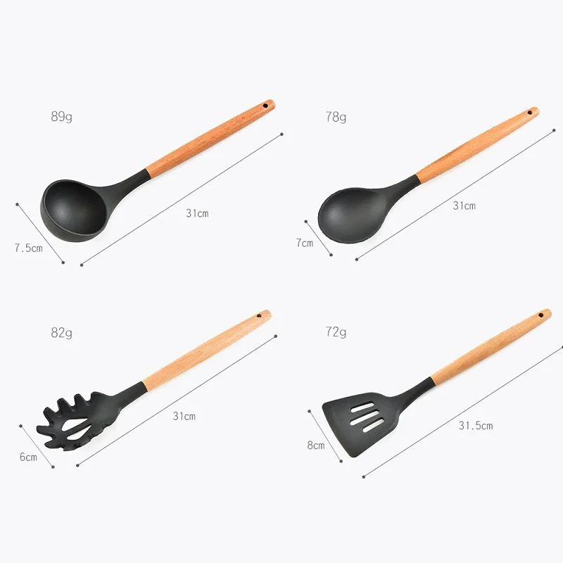 Set de 12 Utensilios de Silicona con Mango de Madera