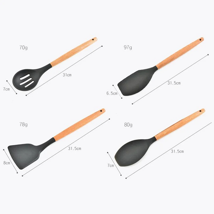 Set de 12 Utensilios de Silicona con Mango de Madera
