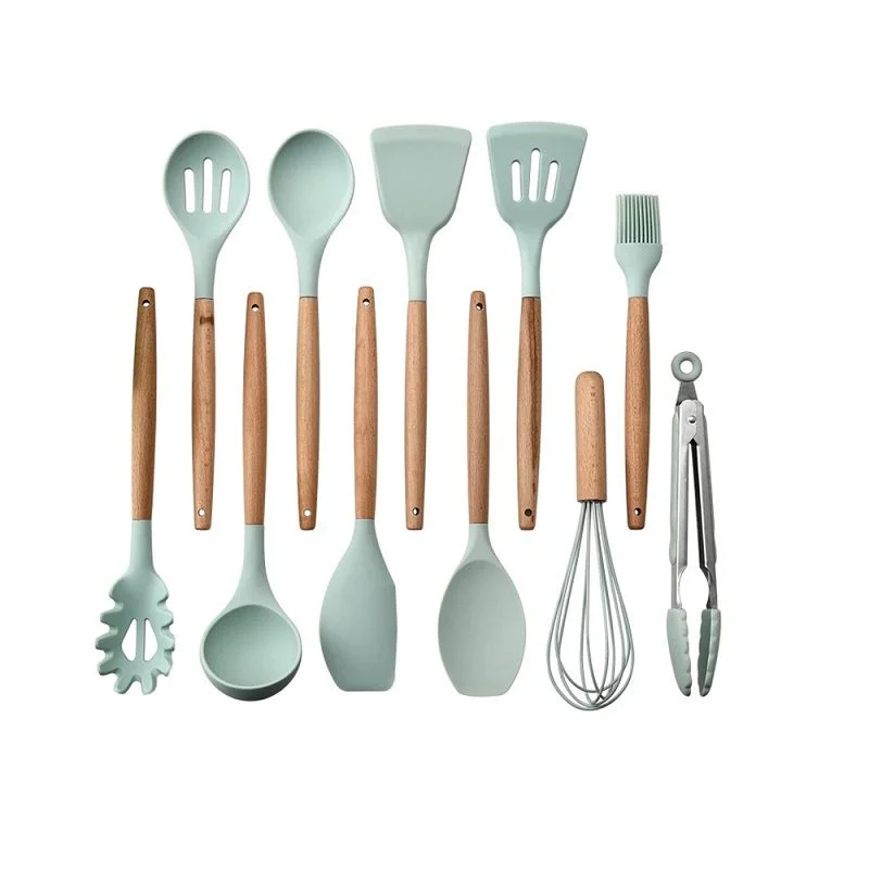 Set de 12 Utensilios de Silicona con Mango de Madera