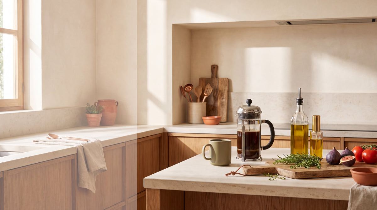 Cocina mediterránea luminosa con utensilios de uso diario