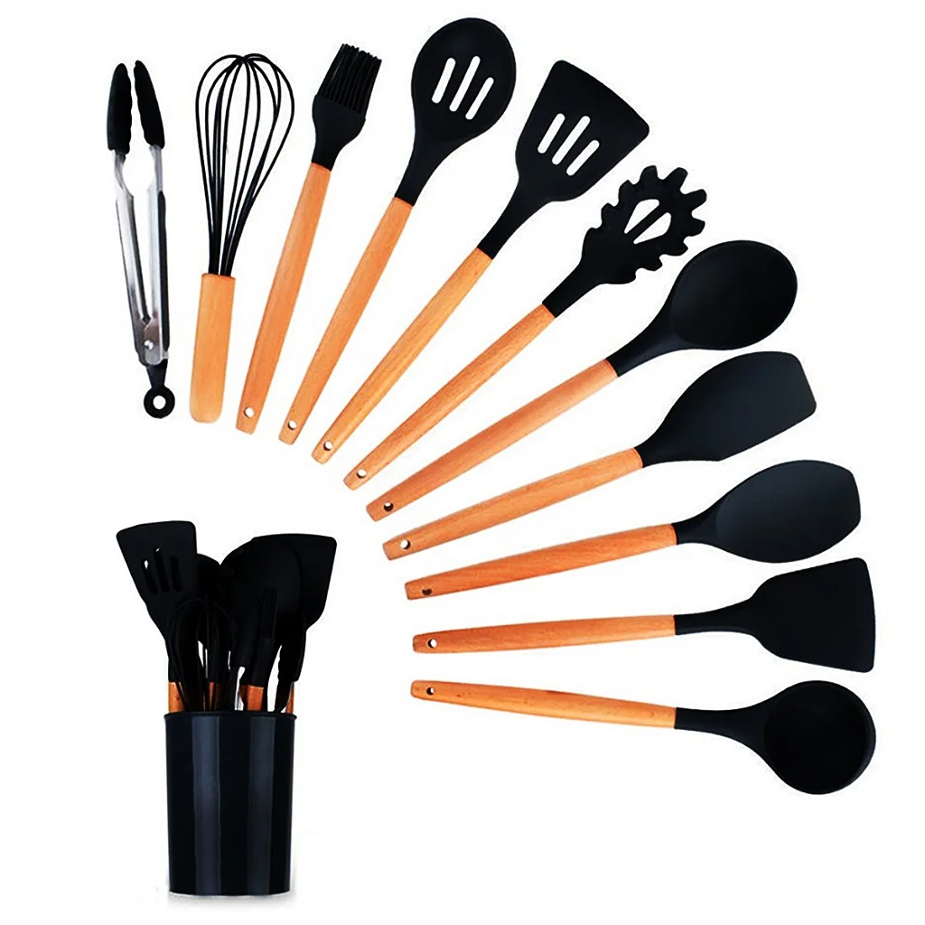 Set de 12 Utensilios de Silicona con Mango de Madera
