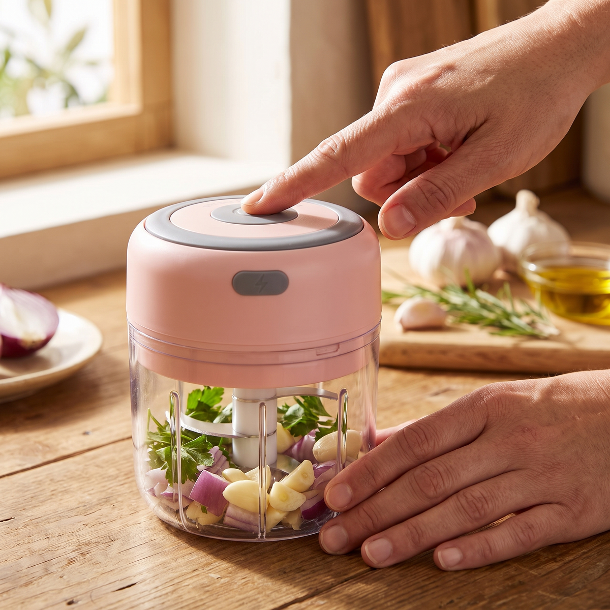 Mini triturador elétrico preparando alho e ervas em uma cozinha mediterrânea